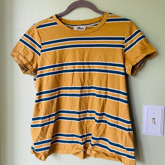 Listicle Multi Striped Short Sleeve Mustard Yellow Top, L - Picture 1 of 2
